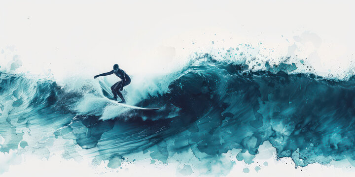 Artful minimal water color painting of surfing wave, showcasing surfer skillfully riding turquoise waters. dynamic motion and vibrant colors evoke sense of adventure and freedom landscape banner