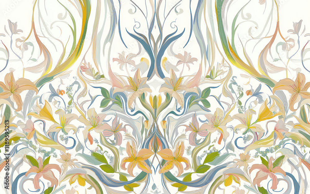 Poster beautiful floral pattern featuring lilies and roses in soft colors, creating elegant and serene atmo