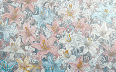 Beautiful floral pattern featuring lilies and roses in soft pastel colors, creating serene and elegant atmosphere. intricate design showcases blend of pink, white, and blue flowers