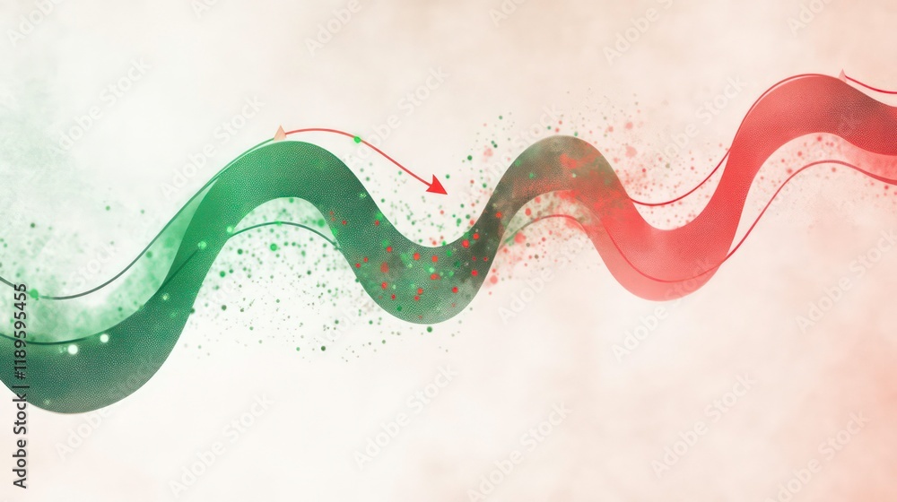 Poster Abstract flowing red and green wave lines with particles and arrows.