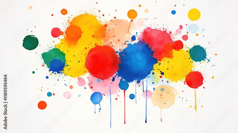 Poster colorful abstract paint splashes, drops create vibrant background. image shows various colors like r
