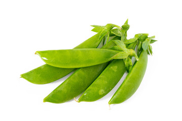 Sugar snap peas on a white background.