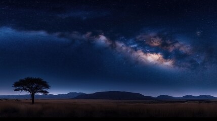 Naklejka premium Dark desert landscape under vast starry night sky. Milky Way galaxy stretches across inky black sky. Silhouette of lonely tree stands in flat field, against dark mountains. Silent, peaceful scene.