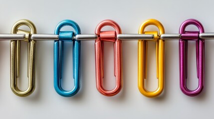 Colorful paperclips arranged neatly on a metal wire in a well-lit environment