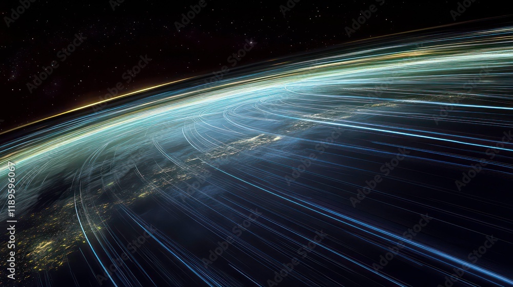 Poster global network connections visualized as light trails around earth at night.