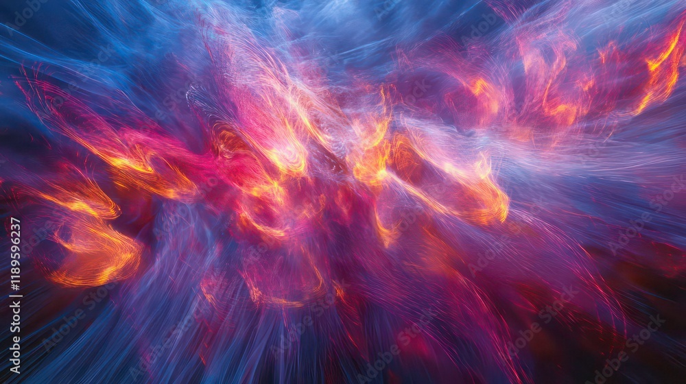 Poster abstract art with vibrant colors and dynamic swirling patterns, resembling fire and smoke.