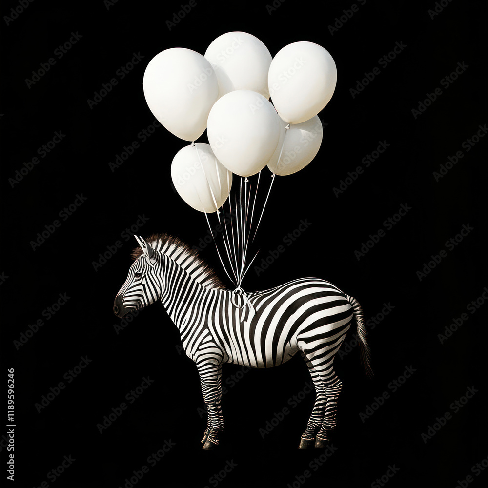 Poster zebra with white balloons floating above it, creating whimsical scene. contrast of black background 
