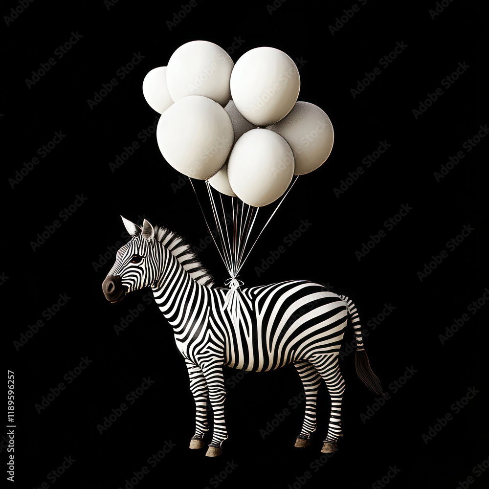 Poster zebra with white balloons floating above it, creating whimsical scene. contrast of zebra stripes aga