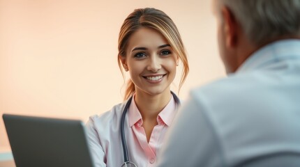 Obraz premium A woman physician beams with joy as she engages in a friendly consultation with a patient, highlighting the importance of care and compassion in healthcare