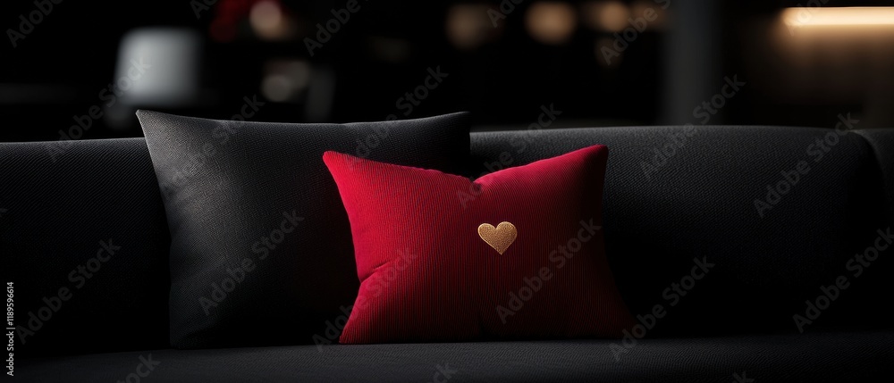 Poster black couch with two red throw pillows on it. the pillows are square in shape and have a gold heart-