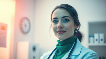 A confident woman physician stands in her clinic, showcasing her dedication to healthcare. This day honors women in medicine, celebrating their contributions and achievements
