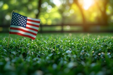 A detailed bokeh image of a pinwheel featuring the pattern of the American flag with its stars and stripes