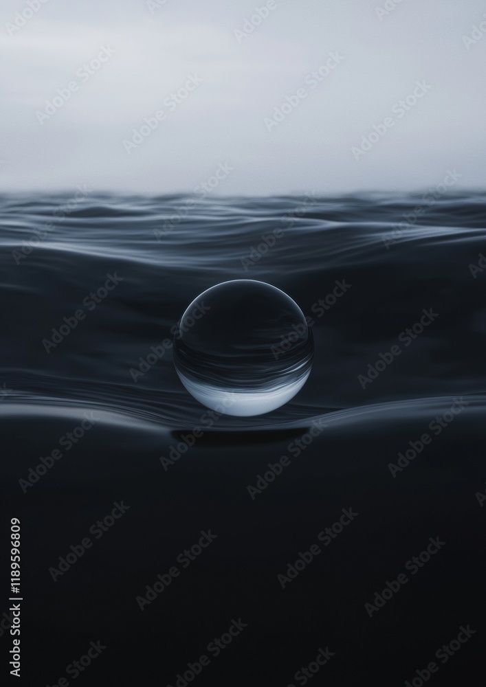Poster black and white photograph of a single sphere floating in the middle of the ocean. the sphere is sph