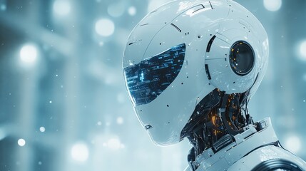 Close-up of a futuristic white robot head, intricate details visible.