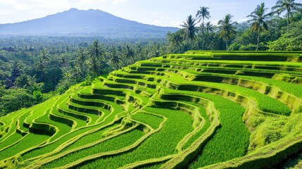 Lush green rice terraces, volcanic backdrop, Bali.  Agricultural tourism destination