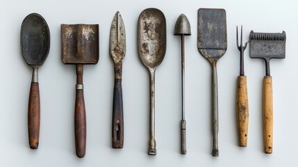 Collection of vintage gardening tools arranged in a line on a clean surface