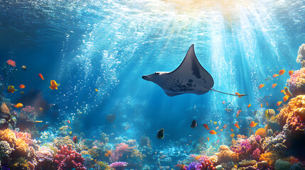 A Serene Encounter with a Giant Manta Ray Gliding Through Crystal Clear Waters and Vibrant Underwater Life