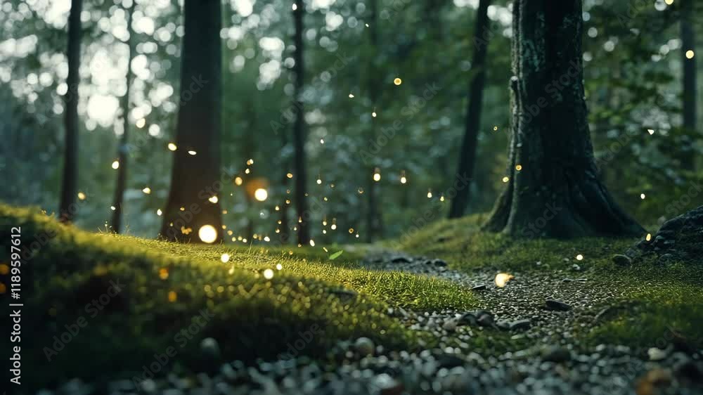 Poster magical evening in a forest with glowing fireflies illuminating the path and trees