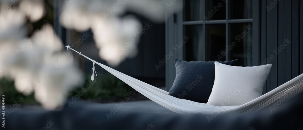 Poster white hammock hanging from a string in front of a black wall with a window. the hammock is secured t