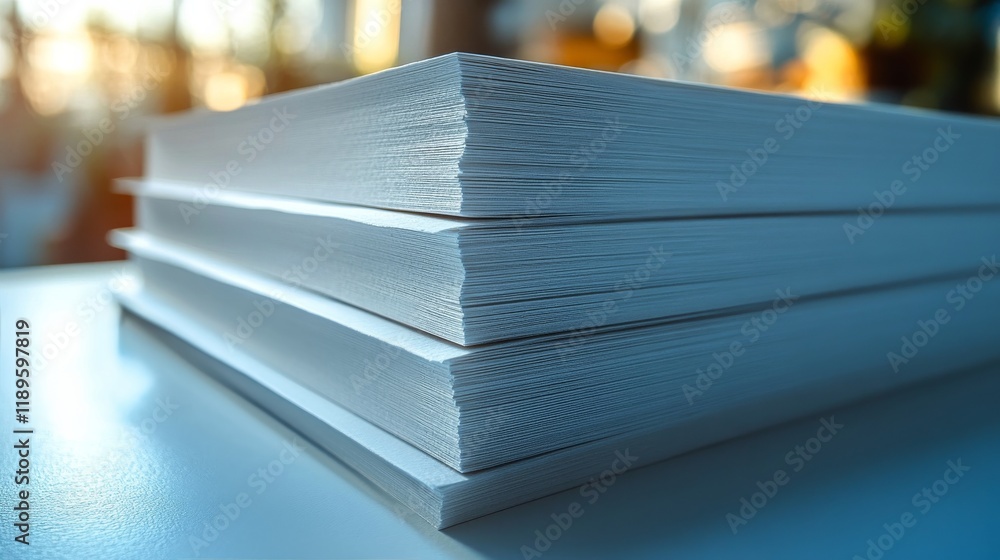 Poster stacked sheets of blank paper on a table in a bright workspace during day