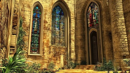 Obraz premium Majestic Sunlit Cathedral Interior Featuring Vibrant Stained Glass Windows