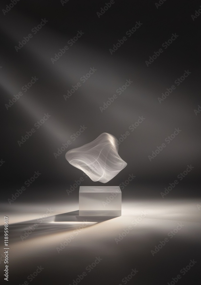 Poster black and white photograph of a sculpture on a white pedestal. the sculpture is made up of a series 