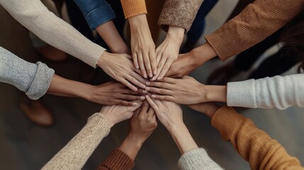 Diverse people join hands in circle. Hands stacked together unity, collaboration. Teamwork, support, togetherness, trust among colleagues visible in group photo. Indoor setting shows unity in office