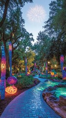 Illuminated Garden Path, Night Fireworks, Relaxing Stroll, Landscaping Design