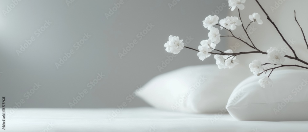 Poster close-up of a white bed with two white pillows on it. on the right side of the image, there is a bra