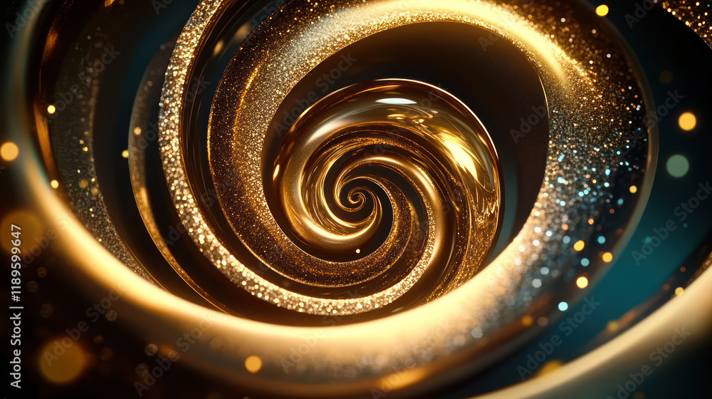 Poster mesmerizing golden spiral swirl with shimmering particles creates captivating visual effect. intrica
