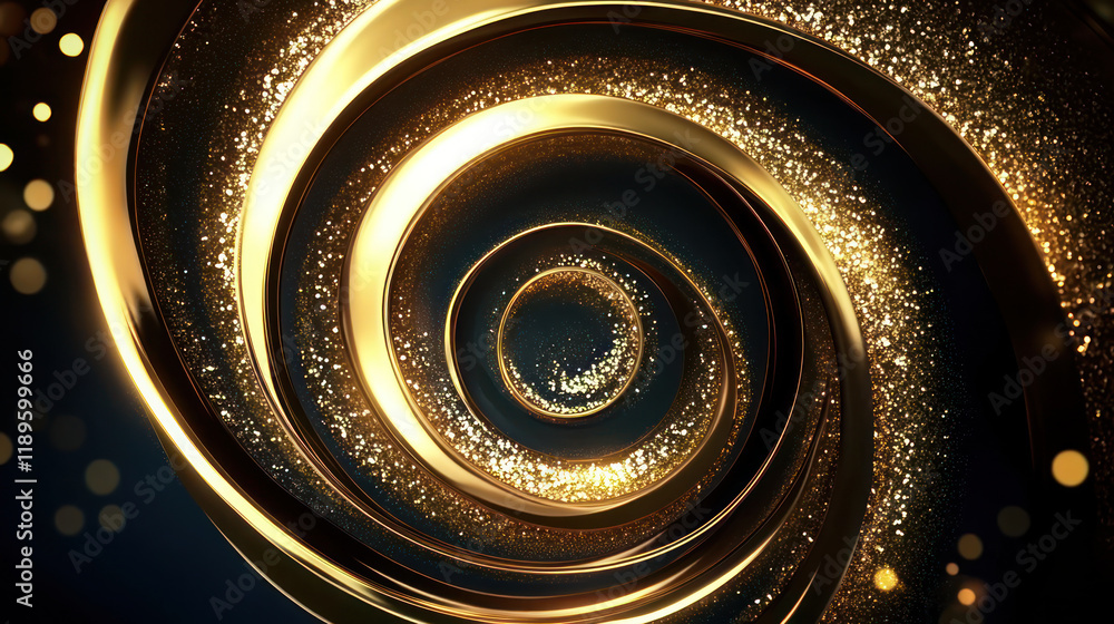 Poster mesmerizing golden spiral design with shimmering glitter, creating sense of depth and elegance. swir