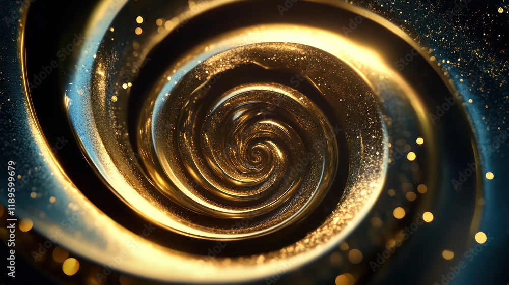 Poster mesmerizing golden spiral swirl with shimmering particles creates captivating visual effect. intrica