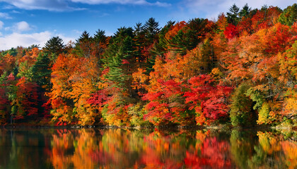 Scenic Autumn Landscape with Vibrant Orange, Red, and Yellow Trees Reflecting on a Calm Lake &ndash; Perfect for Seasonal Designs, Nature Photography, and Fall-Themed Aesthetic Projects