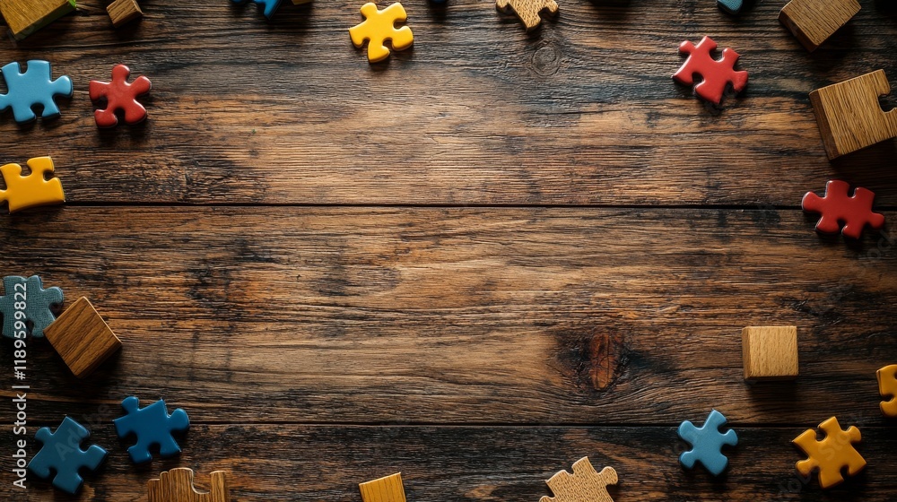 Poster creative playtime with colorful building blocks and a wooden structure on a table in a bright room