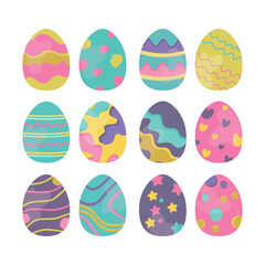 A collection of colorful Easter eggs featuring unique decorative patterns in pastel shades. The designs include stripes, dots, stars, hearts, and swirls, showcasing a playful and vibrant style.