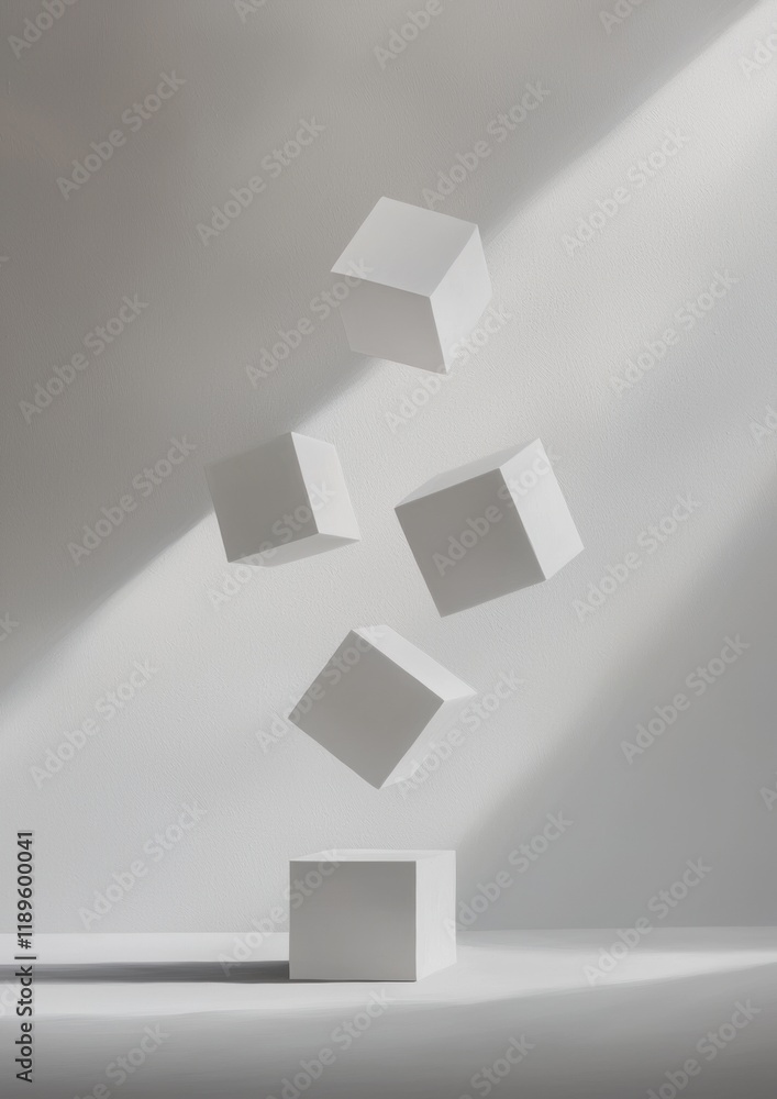 Aufkleber Group of six white cubes floating in the air against a plain white wall. the cubes are arranged in a way that they are overlapping each other, creating a sense of movement and depth.