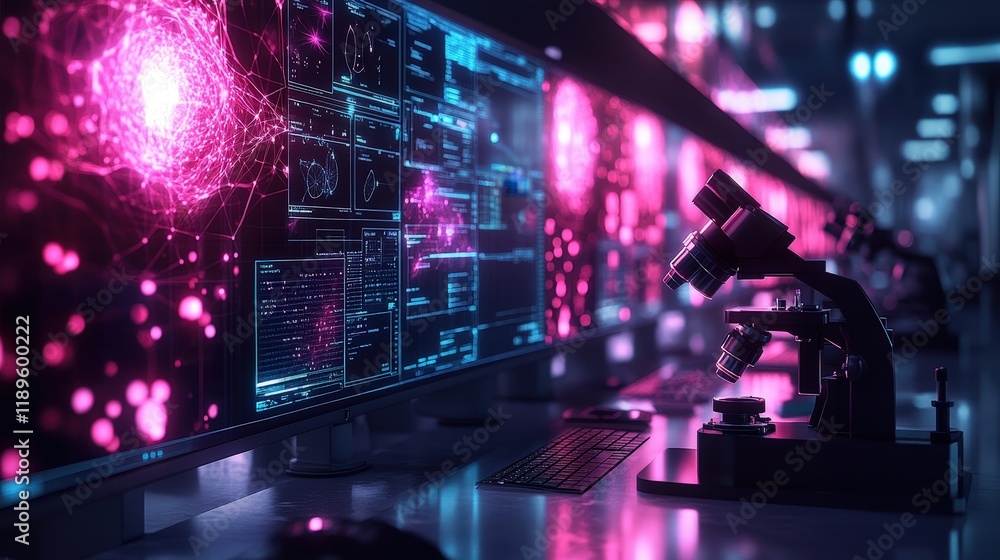 Poster A high-tech research lab is dedicated to exploring nanotechnology, featuring advanced microscope setups and vibrant digital displays showcasing data and visualizations related to experiments
