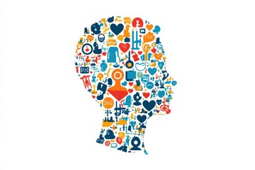 Colorful icons form a stylized human face representing diverse interests and ideas in a creative expression. Generative AI