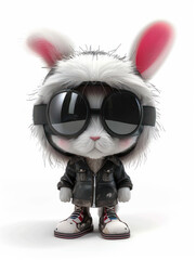 3D Cartoon Bunny in Motorcycle Helmet on White Background