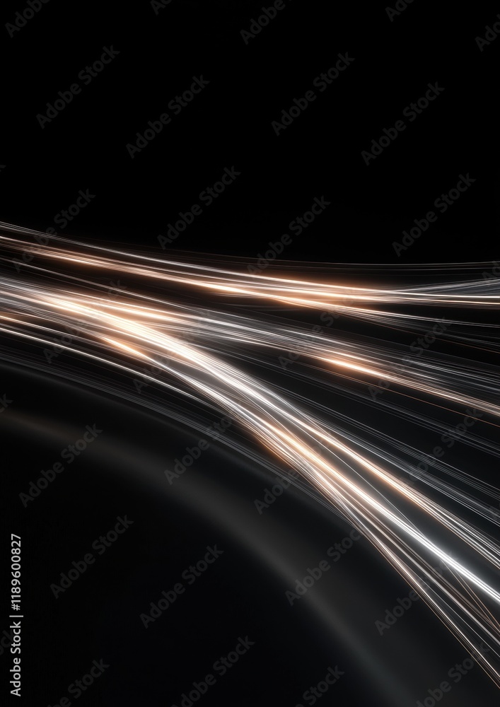 Poster abstract digital art piece with a black background. it features a long, wavy line of light streaks t