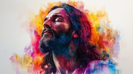 Jesus Christ depicted in a colorful watercolor, set against a white backdrop