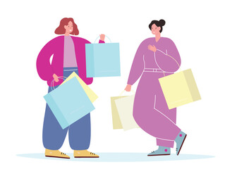 Women with shopping bags. Sale in the store. The friends got along. Vector flat graphics.