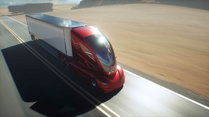 Red futuristic electric truck very fast driving on desert highway. Logistic, future concept. 3d rendering.
