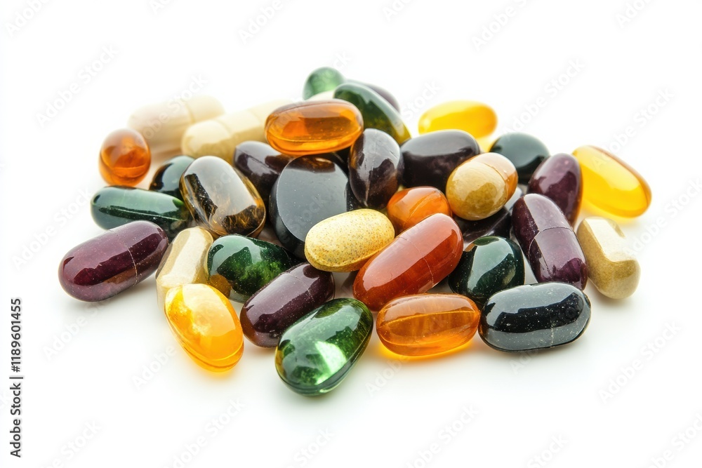 Poster colorful assortment of pills and capsules arranged on a clean surface showcasing various shapes and 