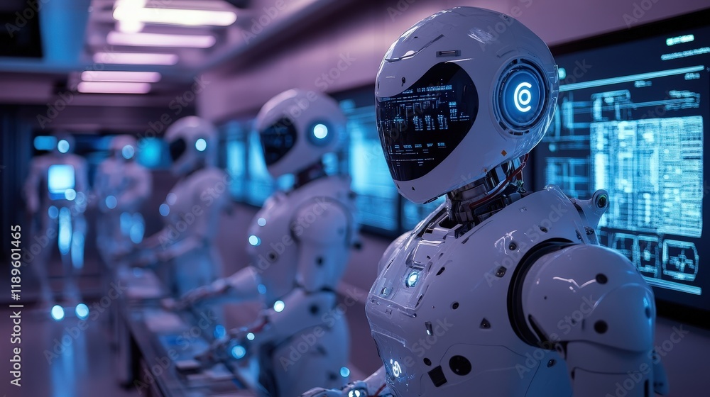 Poster in a state-of-the-art robotics lab, several humanoid robots engage in various tasks. the environment