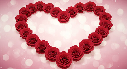 Obraz premium Romantic Red Roses Forming a Heart Shape on a Pink Bokeh Background Perfect for Valentine s Day or
