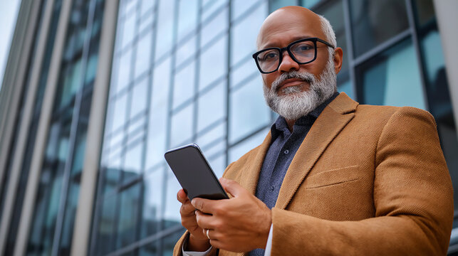 Older African-American man holding his smartphone outdoors in front of office building, copy space