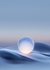 Digital illustration of a single sphere floating on a wave-like surface. the sphere is spherical in shape and appears to be made of a transparent material.