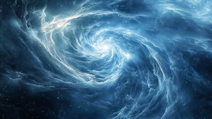 A swirling nebula in deep space, glowing blue and white.