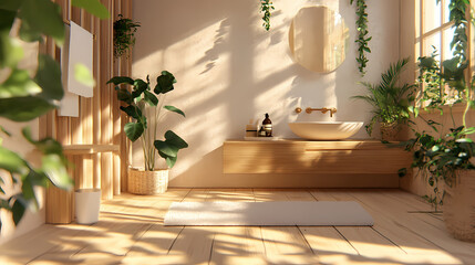 Modern cozy wooden bathroom, eco interior design with beige colors and plants. super photo realistic background, generative ai illustration. Moonshard. Illustration